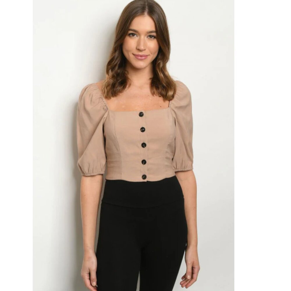 Aqua Tan Beige Square-Neck Puff Sleeve Blouse NWT